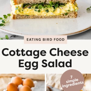 Top photo: A hearty sandwich on whole grain bread filled with creamy cottage cheese egg salad. Bottom left photo: A creamy bowl of cottage cheese egg salad garnished with chopped chives. Bottom right photo: A hand holding a sandwich made with soft white bread, filled with creamy cottage cheese egg salad.