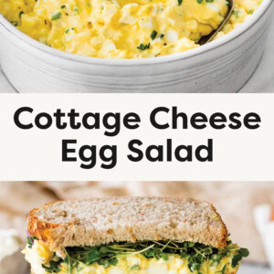Top photo: A creamy bowl of cottage cheese egg salad garnished with chopped chives, served in a white ceramic dish with a silver spoon. Bottom photo:A hearty sandwich on whole grain bread filled with creamy cottage cheese egg salad and fresh microgreens.