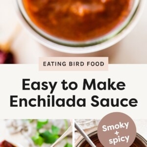 Top photo: Close-up of a spoonful of thick red enchilada sauce held over a glass jar. Bottom left photo: Spoon lifting chunky enchilada sauce from a glass jar, with dried peppers and herbs in the background. Bottom right photo: Ladle full of enchilada sauce held over a pot.