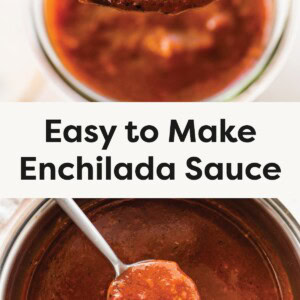 Top photo: Close-up of a spoonful of thick, rich red enchilada sauce held over a bowl. Bottom photo: Overhead view of a ladle lifting enchilada sauce from a saucepan.