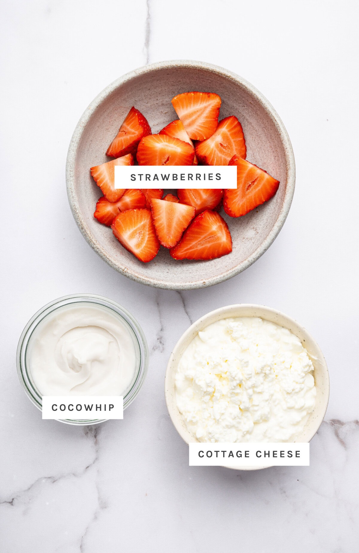 High-Protein Strawberry Mousse ingredients: Strawberries, Cocowhip, Cottage Cheese