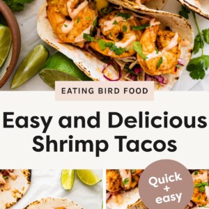 Three vibrant images of grilled shrimp tacos filled with colorful slaw, chopped cilantro, and creamy sauce, served on toasted tortillas with lime wedges and fresh herbs for garnish.
