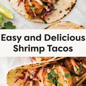 Close-up shots of flavorful shrimp tacos on toasted tortillas, topped with colorful cabbage slaw, chopped cilantro, and a drizzle of creamy sauce, served with lime wedges and fresh herbs.