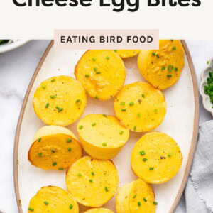 Oval platter filled with golden fluffy cottage cheese egg bites, garnished with chopped chives, on a light background.