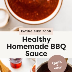 Top photo: A metal spoon holding a scoop of thick BBQ sauce over a bowl. Bottom left photo: A basting brush dipped into a jar of BBQ sauce with another jar nearby. Bottom right photo: A wooden spoon stirring BBQ sauce in a saucepan.