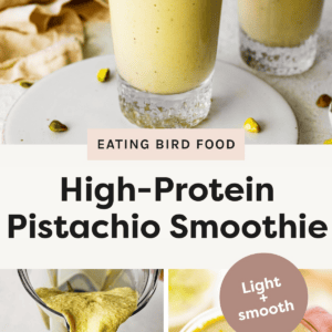 Top photo: Two glasses of creamy pistachio protein smoothie topped with chopped pistachios, served with clear straws on a light background. Bottom left photo: Thick pistachio smoothie being poured from a blender into a clear glass, with a neutral-toned cloth in the background. Bottom right photo: Hand holding a glass of pistachio protein smoothie topped with chopped pistachios.