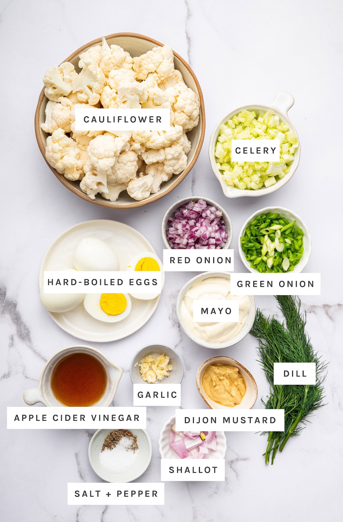 Cauliflower potato salad ingredients: cauliflower, celery, red onion, green onion, hard-boiled eggs, mayo, garlic, dijon mustard, shallot, dill, salt, pepper.