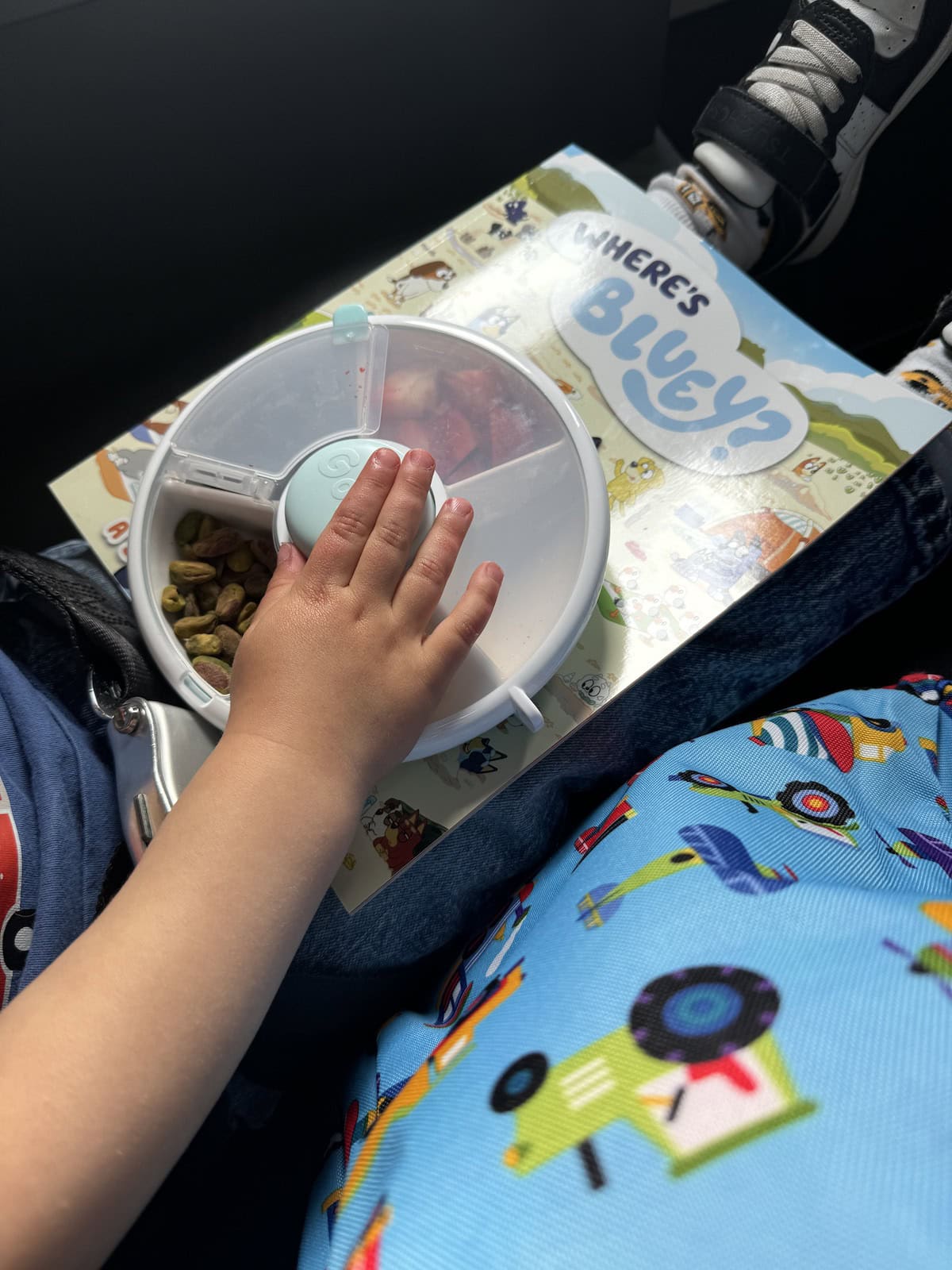 A young kids hand on a snack spinner, on a "where's bluey?" book.