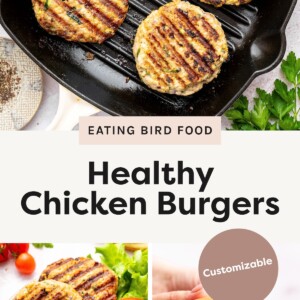 Top photo: Four grilled chicken burger patties cooking on a stovetop grill pan. Bottom left photo: Chicken burger patties served on a plate with sliced tomato, red onion, avocado, and lettuce. Bottom right photo: A hand holding a chicken burger stacked with lettuce, tomato, red onion, and avocado on a bun.