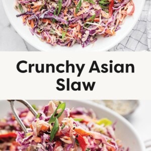 Top photo: Overhead view of a large white bowl filled with vibrant crunchy Asian slaw, garnished with scallions and sesame seeds, with dressing visible on the side. Bottom photo: Close-up of colorful slaw being lifted with tongs, showing shredded cabbage, carrots, red peppers, and green onions coated in creamy dressing.