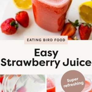 Photo 1 Three glasses of fresh strawberry juice with strawberries and lemon slices around them. Photo 2 Clear water being poured into a pitcher of bright red strawberry juice. Photo 3 Top-down view of a pitcher filled with bright strawberry juice and scattered strawberries around it.