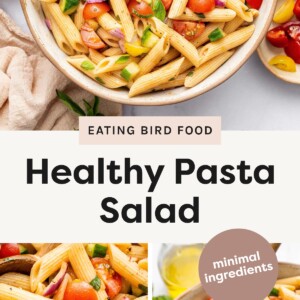 Overhead view of a bowl of pasta salad with cherry tomatoes, cucumbers, red onions, and basil. Close-up of pasta salad showing penne, tomatoes, basil, and red onion. Another close-up of pasta salad with colorful tomatoes, herbs, and cucumbers.