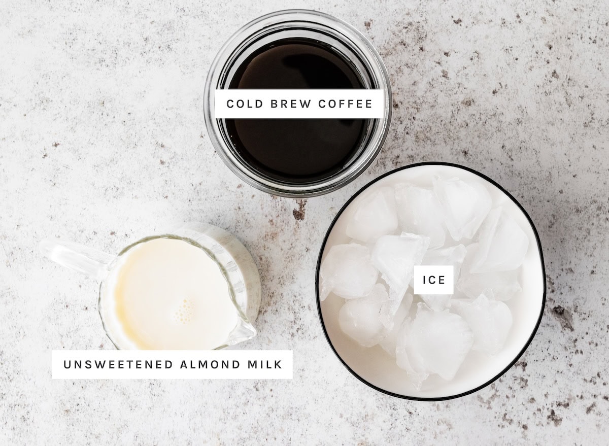 How to Make Iced Coffee ingredients: cold brew coffee, unsweetened almond milk and Ice