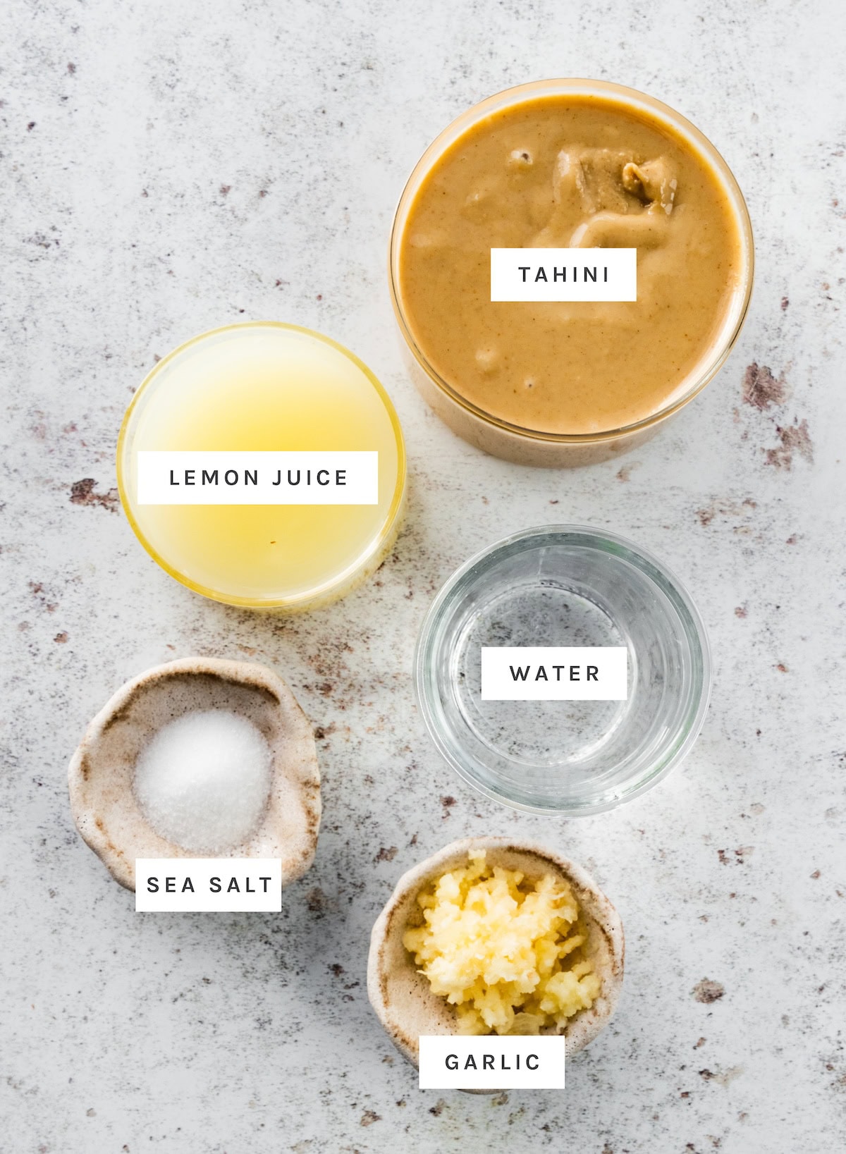 Tahini Sauce: Tahini, lemon juice, water, sea salt, garlic.