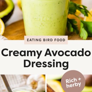 Top photo: A glass jar filled with creamy avocado dressing, surrounded by fresh ingredients like avocado, lemon, and parsley. Bottom left photo: Overhead view of thick avocado dressing in a jar with a spoon inside. Bottom right photo: A spoonful of smooth, green avocado dressing held above a jar, labeled "Rich + herby."