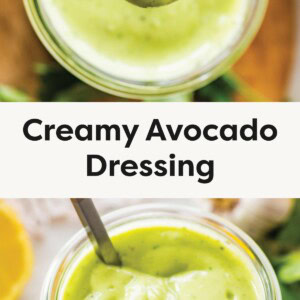 Top photo: A spoon lifting thick, creamy avocado dressing from a glass jar. Bottom photo: A close-up of a glass jar filled with smooth, vibrant green avocado dressing with a spoon inside.