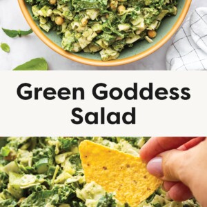 Top photo: Overhead view of a large bowl filled with chopped Green Goddess salad featuring leafy greens, chickpeas, and a creamy green dressing. Bottom photo: Close-up of Green Goddess salad with a hand dipping a tortilla chip into the creamy, green veggie mix.