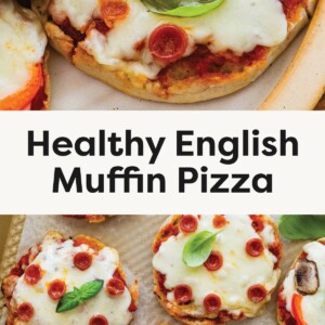 Top photo: Close-up of English muffin pizzas topped with melted mozzarella, mini pepperoni slices, and fresh basil. Bottom photo: Assortment of English muffin pizzas with various toppings like mini pepperoni, mushrooms, red bell peppers, and basil leaves on a baking sheet.