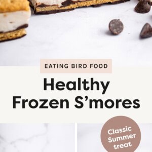 Top photo: Close-up of a frozen s’mores bar with graham cracker layers, creamy center, and chocolate base, surrounded by chocolate chips. Bottom left photo: Plate stacked with frozen s’mores bars featuring layers of graham cracker, chocolate, and frozen filling. Bottom right photo: Stack of three frozen s’mores bars with a label that says “Classic Summer treat.”