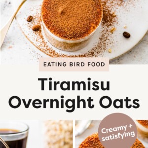 Top photo: Two glasses of tiramisu overnight oats topped with cocoa powder on a white plate with scattered coffee beans and gold spoons. Bottom left photo: A glass of tiramisu overnight oats with a spoon scooping from the top, layered with creamy oats and yogurt, with a cup of coffee in the background. Bottom right photo: Close-up of a glass of tiramisu overnight oats with a thick cocoa powder topping and a dusting of cocoa around the plate.