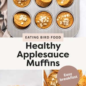 Top image: Overhead view of a muffin tin filled with freshly baked applesauce muffins topped with oats. Bottom left image: Close-up of a bitten applesauce muffin on a rustic white wooden surface, surrounded by more muffins. Bottom right image: Flat lay of applesauce muffins topped with oats, next to a small bowl of applesauce and cinnamon sticks.