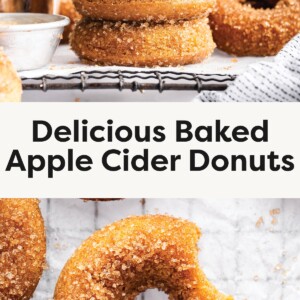 Stack of sugar-coated baked apple cider donuts on a cooling rack with cinnamon sticks nearby. Close-up of a sugar-coated baked apple cider donut on parchment paper with sugar sprinkled around.