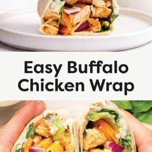 Hand holding a buffalo chicken wrap cut in half with chicken, lettuce, red onion, and peppers inside. Close-up of two buffalo chicken wrap halves held in hands, filled with chicken, lettuce, red onion, and cheddar cheese.