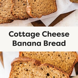 Top photo: Overhead view of sliced banana bread on parchment paper next to a small bowl of cottage cheese. Bottom photo: Close-up of moist, golden-brown slice of cottage cheese banana bread with more slices in the background.