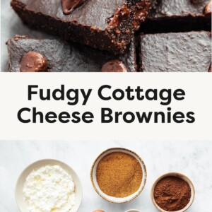 Close-up of fudgy brownies topped with chocolate chips. Flat lay of ingredients for brownies including cottage cheese, sugar, cocoa powder, flour, eggs, chocolate chips, vanilla, salt, and oil.