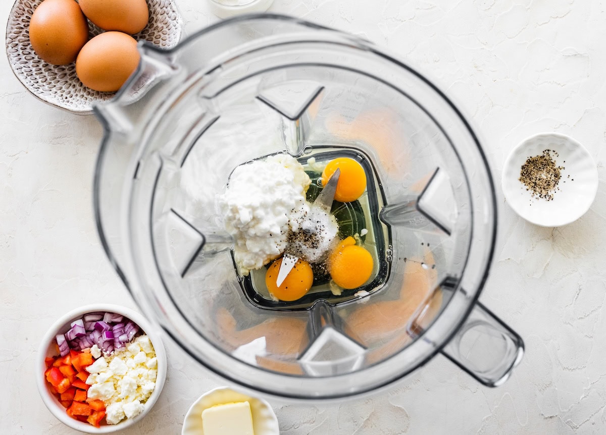 Eggs and cottage cheese blended Eggs and cottage cheese blended together in a blender jar before mixing.