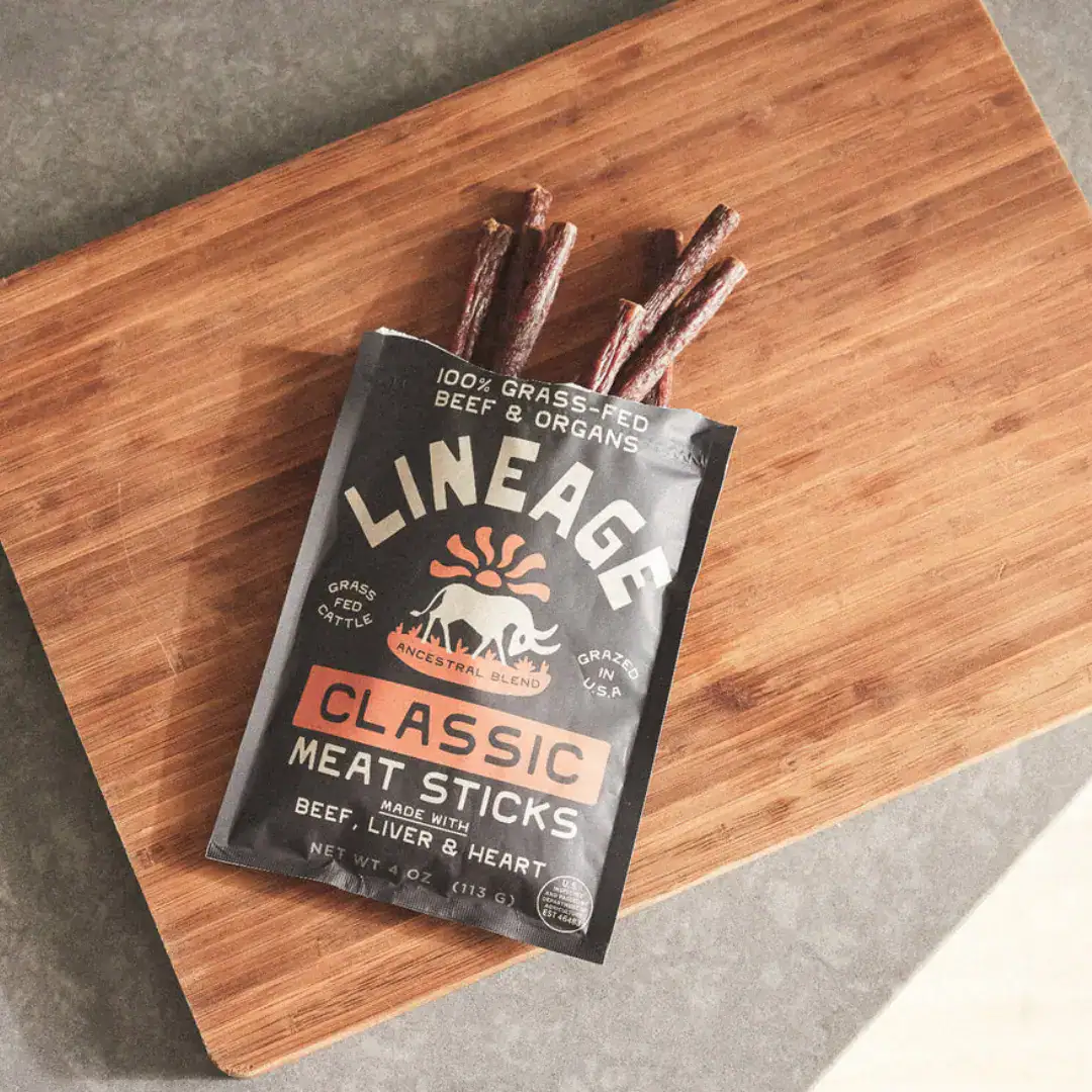 Lineage classic meat sticks made with 100% grass-feed beef and organs.
