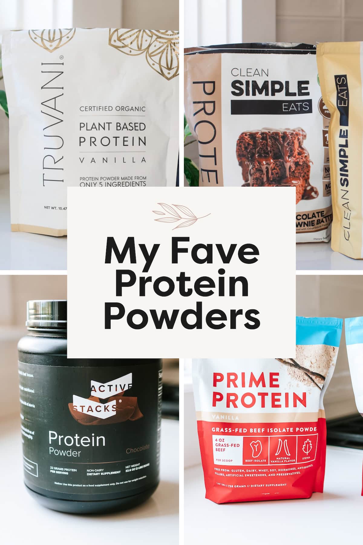 Collage of 4 different protein powders.