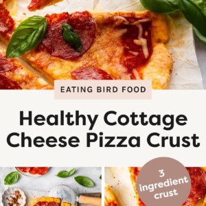 Close-up of a slice of pepperoni pizza with melted cheese and fresh basil on top. Overhead view of a whole pepperoni pizza on parchment paper, garnished with basil, next to a pizza cutter. Slices of pepperoni pizza with melted cheese, fresh basil, and red pepper flakes scattered on parchment paper.