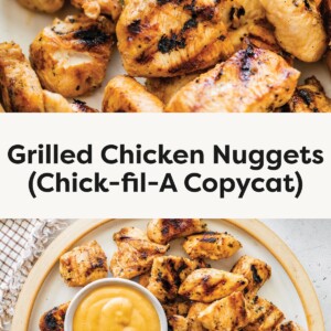 Close-up of grilled chicken nuggets with dipping sauce, shown as a Chick-fil-A copycat recipe.