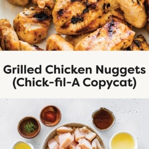 Plate of grilled chicken nuggets served with a bowl of honey mustard dipping sauce. Bowl of raw chicken pieces surrounded by small bowls of spices, oil, and seasonings on a white surface.