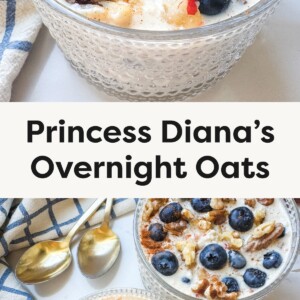 Top Photo: A close-up of a glass bowl filled with overnight oats, topped with fresh blueberries, chopped walnuts, and a sprinkle of cinnamon. Bottom Photo: Two glass mugs of overnight oats garnished with blueberries and walnuts, placed beside two gold spoons on a blue-and-white checkered towel.