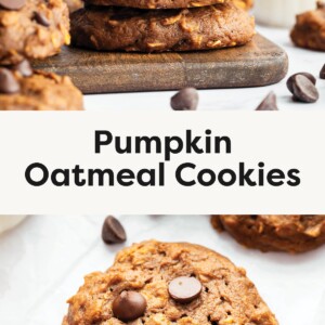 Top photo: Stack of pumpkin oatmeal cookies with chocolate chips on a wooden board, with a glass of milk in the background. Bottom photo: Close-up of a pumpkin oatmeal cookie with chocolate chips, with a bite taken out.