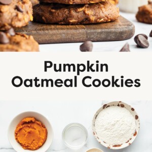 Top photo: Stack of pumpkin oatmeal cookies with chocolate chips on a wooden board, with milk in the background. Bottom photo: Overhead view of pumpkin oatmeal cookie ingredients in bowls, including pumpkin puree, flour, oats, egg, chocolate chips, coconut sugar, vanilla, and spices.