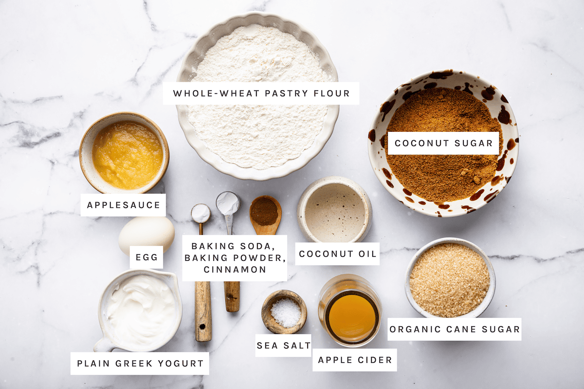Whole-wheat pastry flour, coconut sugar, applesauce, egg, baking soda, baking powder, cinnamon, coconut oil, plain Greek yogurt, sea salt, vinegar organic cane sugar