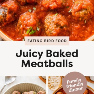 Top photo: Juicy baked meatballs covered in marinara sauce, garnished with fresh herbs. Bottom left photo: Bowl filled with baked meatballs sprinkled with herbs. Bottom right photo: Pot of meatballs simmering in marinara sauce with slices of bread on the side.