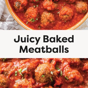 Top photo: A skillet filled with juicy baked meatballs simmering in red tomato sauce, garnished with fresh herbs. Bottom photo: Close-up of baked meatballs coated in marinara sauce, topped with small bits of chopped parsley.