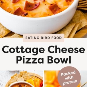 Close-up of a baked cottage cheese pizza bowl topped with melted cheese and pepperoni. Spoon lifting a gooey, cheesy bite from the pizza bowl. Overhead image of the pizza bowl surrounded by crackers and sliced bell peppers. Spoonful of melted cheese and pepperoni being lifted from the bowl, with bell peppers in the background.
