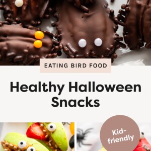 Chocolate-covered date spiders with candy eyes and chocolate sprinkle legs arranged on a white surface. Green apple slices filled with peanut butter, strawberries, and sunflower seeds made to look like monster mouths with candy eyes. Colorful mini bell peppers decorated with candy eyes and chocolate mouths to resemble cute Halloween ghosts.