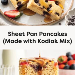 Top photo: Squares of sheet pan pancakes topped with strawberries, blueberries, and chocolate chips on a plate with syrup drizzled over them. Bottom photo: A tall stack of berry-filled sheet pan pancakes with syrup being poured over the top, served with fresh berries.