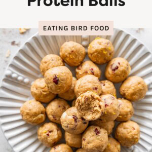 Cranberry orange protein balls piled on a fluted white plate with one broken open to show the chewy center