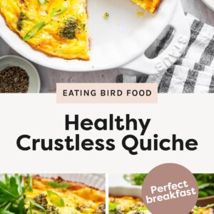 Photo 1: Healthy crustless quiche in a white baking dish with one slice removed, garnished with green onions Photo 2: Slice of crustless quiche with ham and broccoli on a plate with fresh greens Photo 3: Close-up of crustless quiche slice in a baking dish showing the fluffy egg texture