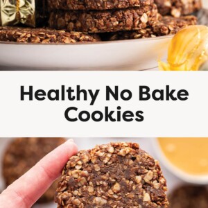 Top photo: Stack of round chocolate no-bake cookies on a plate with holiday decorations nearby. Bottom photo: Hand holding a single chocolate no-bake cookie made with oats, with more cookies blurred in the background.