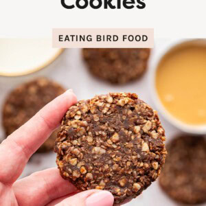Hand holding a chocolate no-bake cookie made with oats, with more cookies and a bowl of peanut butter blurred in the background.