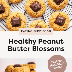 Top photo: Peanut butter blossom cookies arranged on a cooling rack, each topped with a square chocolate piece. Bottom left photo: Stack of peanut butter blossom cookies with square chocolate centers, with one cookie leaning forward. Bottom right photo: Stack of peanut butter blossom cookies, with the top cookie bitten to show the soft interior and melted chocolate.