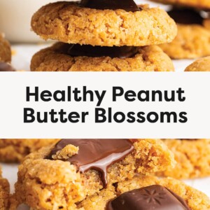 Top photo: Stack of peanut butter blossom cookies, with the top cookie bitten to reveal a soft center and melted chocolate. Bottom photo: Close-up of peanut butter blossom cookies with melted chocolate centers on a light surface.